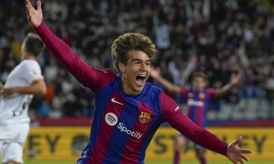 Barcelona's forward Marc Guiu celebrates after scoring the 1-0 goal during the LaLiga soccer match between FC Barcelona and Athletic Bilbao, in Barcelona, Spain, 22 October 2023.