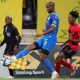 Mosa Lebusa of Mamelodi Sundowns challenged by Puso Dithejane of TS Galaxy during the Dstv Premiership 2023/24 match between TS Galaxy and Mamelodi Sundowns at Mbombela Stadium in Nelspruit on 21 May 2024.