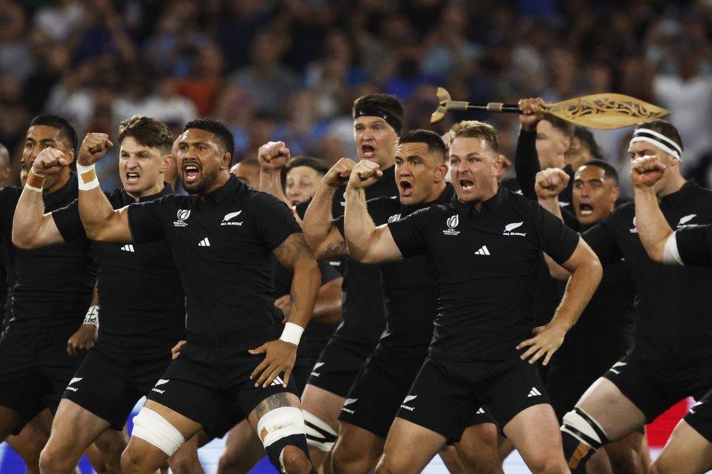 The New Zealand team, the All Blacks, perform a haka, before the start of the Rugby World Cup Pool A match between New Zealand and Italy in Lyon France, 29 September 2023.