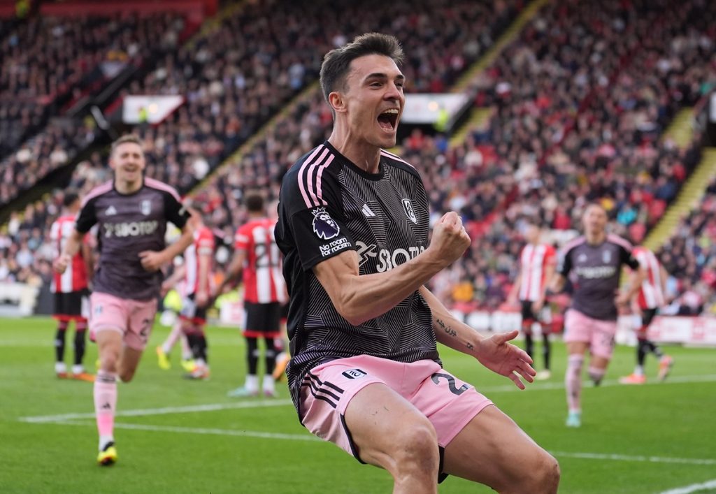Fulham's Joao Palhinha celebrates scoring their side's first goal of the game during the Premier League match at Bramall Lane, Sheffield. Picture date: Saturday March 30, 2024.