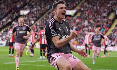 Fulham's Joao Palhinha celebrates scoring their side's first goal of the game during the Premier League match at Bramall Lane, Sheffield. Picture date: Saturday March 30, 2024.