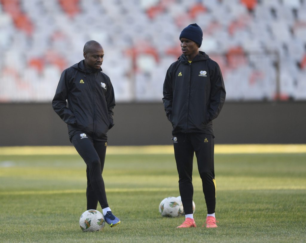 Percy Tau and Themba Zwane during FIFA World Cup Qualifiers 2026 South Africa Training at Free State Stadium on the 09 June 2024 in Bloemfontein