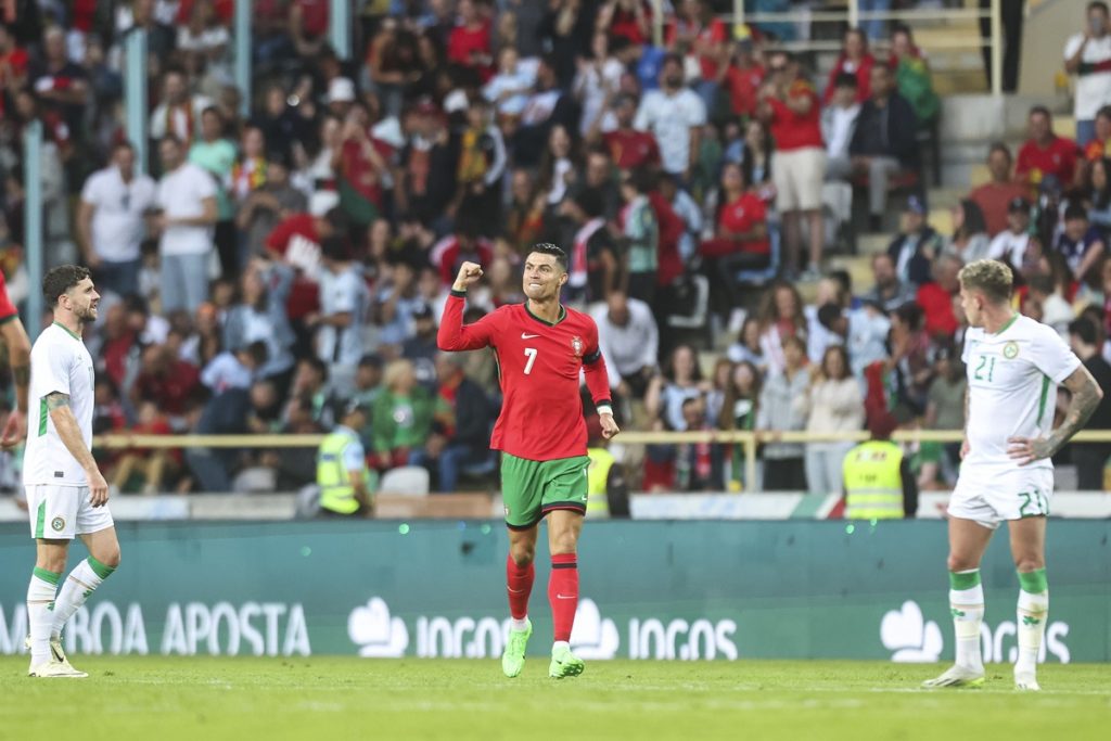 Portugal's Cristiano Ronaldo celebrates after scoring during the friendly international soccer match between Portugal and Ireland in Aveiro, Portugal.