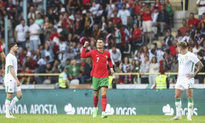 Portugal's Cristiano Ronaldo celebrates after scoring during the friendly international soccer match between Portugal and Ireland in Aveiro, Portugal.
