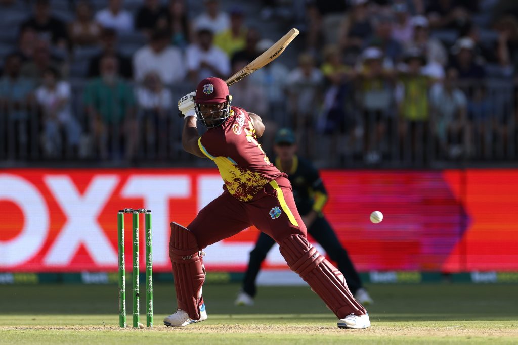Sherfane Rutherford of the West Indies bats during the 3rd T20I between Australia and the West Indies at Optus Stadium in Perth, Australia, 13 February 2024.