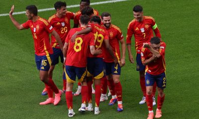 Dani Carvajal of Spain (R) celebrates with his teammates after scoring the 3-0 goal during the UEFA EURO 2024 group B match between Spain and Croatia in Berlin.