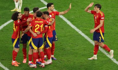 Players of Spain celebrate winning the UEFA EURO 2024 group B soccer match between Spain and Italy, in Gelsenkirchen.