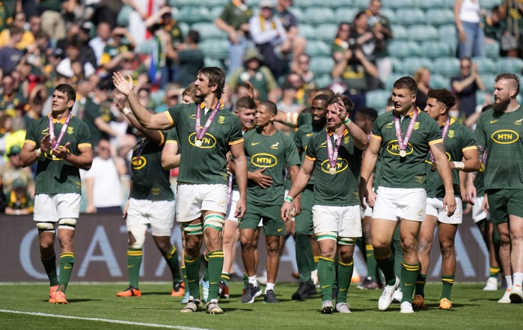 South Africa's players celebrate on the pitch after winning the Qatar Airways Cup match at Twickenham Stadium, London.
