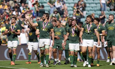 South Africa's players celebrate on the pitch after winning the Qatar Airways Cup match at Twickenham Stadium, London.