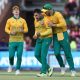 Tabraiz Shamsi of South Africa celebrates with teammates the wicket of Yashasvi Jaiswa of India during the 023 T20 International Series match between South Africa and India at Wanderers Stadium in Johannesburg on 14 December 2023.
