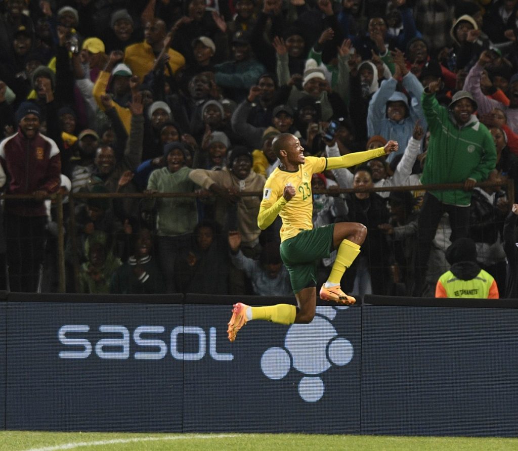 Thapelo Morena of South Africa celebrates goal during FIFA World Cup Qualifiers 2026 match between South Africa and Zimbabwe at Free State Stadium on the 11 June 2024