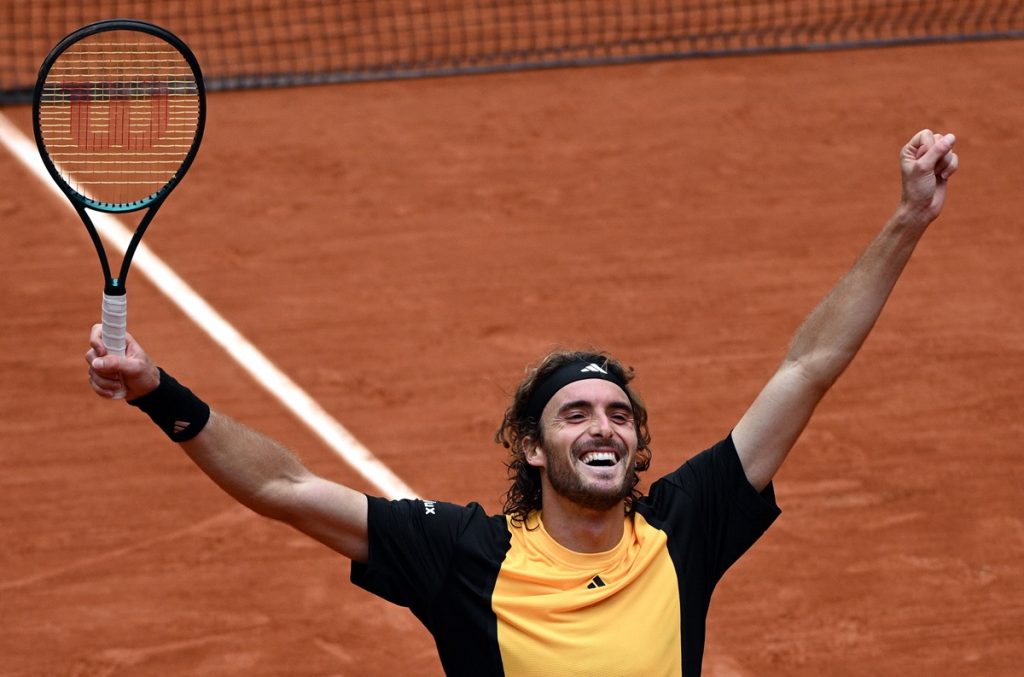 Stefanos Tsitsipas of Greece reacts after winning his Men's Singles 4th round match against Matteo Arnaldi of Italy during the French Open Grand Slam tennis tournament at Roland Garros.