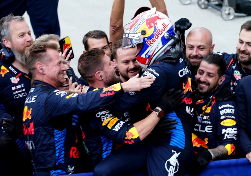 Red Bull Racing driver Max Verstappen of Netherlands celebrates with the team after winning the Formula One Grand Prix of Canada at the Circuit Gilles Villeneuve racetrack.