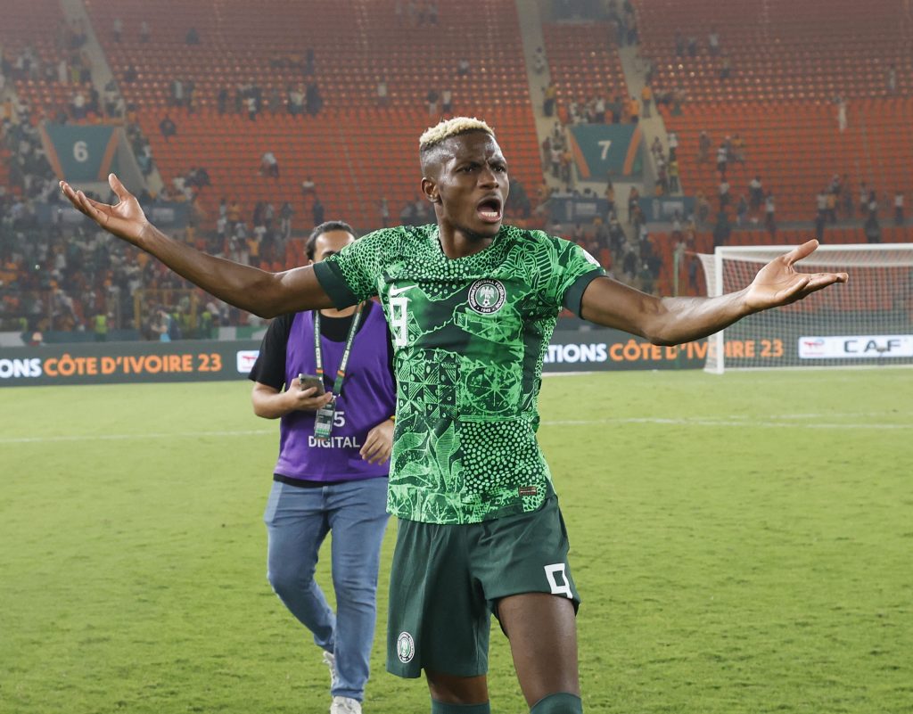 Victor Osimhen of Nigeria celebrates victory during the 2023 Africa Cup of Nations semifinal between Nigeria and South Africa held at Peace Stadium in Bouake, Cote DIvoire on 07 February 2024.