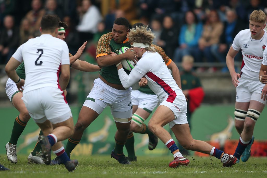 South Africa U18 captain Zachary Porthen is tackled by England U18 captain Henry Pollock during the 2022 U18 International Series match between South Africa U18 and England U18 held at Paarl Gimnasium in Paarl on 19 August 2022.