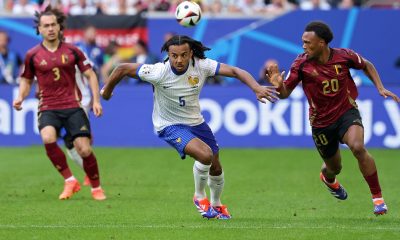 Jules Kounde of France (C) in action during the UEFA EURO 2024 Round of 16 soccer match between France and Belgium, in Dusseldorf, Germany, 01 July 2024.