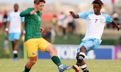 Liam Bern of South Africa challenged by Oarabile Sekwai of Botswana during the 2024 Hollywoodbets COSAFA Mens Championship match between South Africa and Botswana at the Wolfson Stadium, Gqeberha on the 29 June 2024.