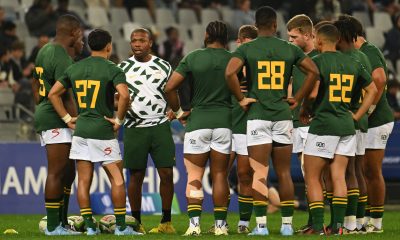 Bafana Nhleko, head coach of South Africa u20 talks to his players before the 2024 World Rugby U20 Championship game between South Africa and Fiji at Cape Town Stadium in South Africa on 29 June 2024.