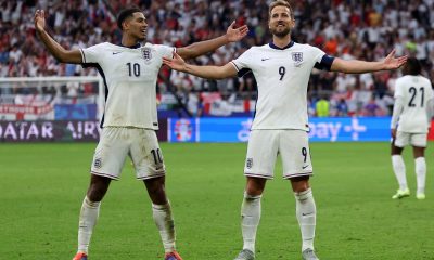 Jude Bellingham of England celebrates scoring the 1-1 goal with his teammate Harry Kane (R) during the UEFA EURO 2024 Round of 16 soccer match between England and Slovakia, in Gelsenkirchen.