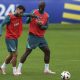 Portugal players Bruno Fernandes (L) and Danilo (R) participate in a training session of the national team in Harsewinkel, Germany, 15 June 2024. Portugal will play their first match at the UEFA EURO 2024 against the Czech Republic on 18 June 2024.