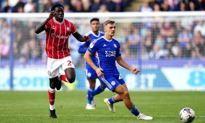 Leicester City's Kiernan Dewsbury-Hall (right) and Bristol City's Ephraim Yeboah battle for the ball during the Sky Bet Championship match at the King Power Stadium.