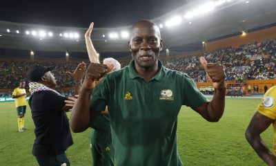 Helman Mkhalele, assistant coach of South Africa celebrate victory during the 2023 Africa Cup of Nations 3rd Place Play Off between South Africa and DR Congo at the Felix Houphouet Boigny Stadium in Abidjan, Cote dIvoire on 10 February 2024.