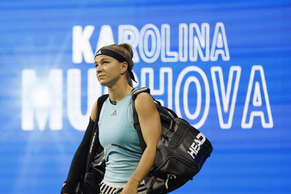 Karolina Muchova of the Czech Republic takes to the court for her semifinal round match against Coco Gauff of the United States at the US Open Tennis Championships at the USTA National Tennis Center in Flushing Meadows, New York.