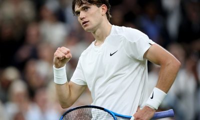 Jack Draper of Britain celebrates after winning the Men's 1st round match against Elias Ymer of Sweden at the Wimbledon Championships.