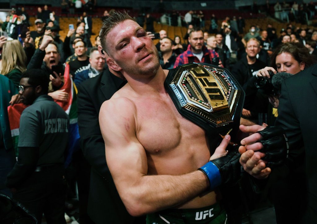 Dricus Du Plessis celebrates after defeating Sean Strickland in a middleweight title bout at UFC 297 in Toronto on Sunday, January 21, 2024. Mma-Ufc-297, Toronto, Canada - 21 Jan 2024