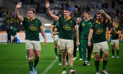 The Springboks celebrate the win during the 2024 Rugby Test Match between the Wallabies and Springboks at Optus Stadium, Perth Western Australia on the 17th August 2024. (Photo by