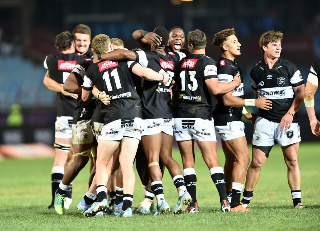 Sharks celebrate going through to the finals, Manu Tshituka of the Sharks (c) after the 2024 Currie Cup Semi Final match between the Vodacom Bulls and Hollywoodbets Sharks at Loftus Versfeld Stadium in Pretoria on 14 September 2024.