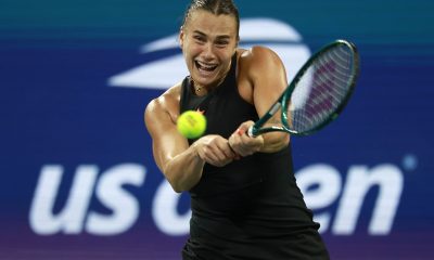 Aryna Sabalenka of Belarus in action against Elise Mertens of Belgium during their fourth round match at the US Open Tennis Championships at the USTA Billie Jean King National Tennis Center in Flushing Meadows.