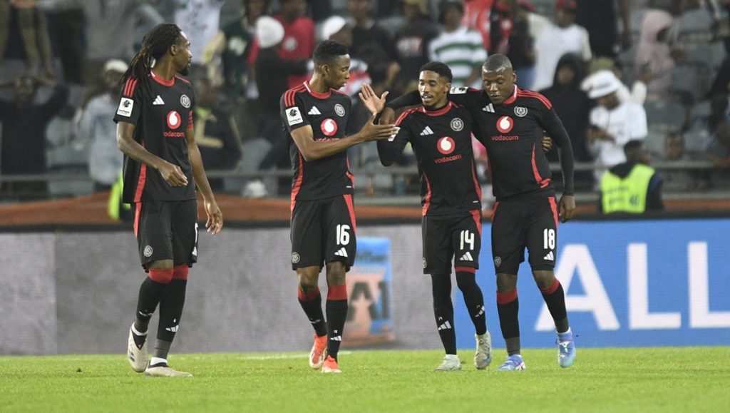 Monnapule Saleng of Orlando Pirates celebrates goal with teammates during the Betway Premiership 2024/25 match between Orlando Pirates and Chippa United, at Orlando Stadium in Soweto on 18 September 2024