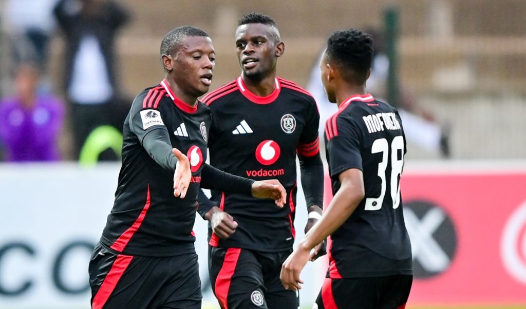 Relebohile Mofekeng of Orlando Pirates congratulates goal scorer Kabelo Dlamini of Orlando Pirates during the Betway Premiership 2024/25 match between Richards Bay and Orlando Pirates at King Zwelithini Stadium in Durban on 29 September 2024.