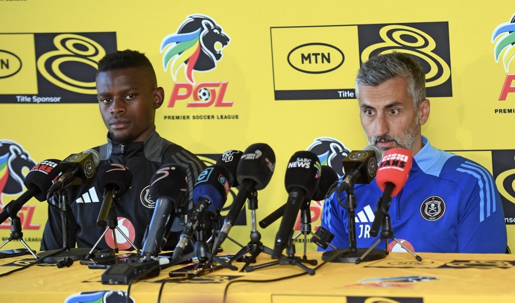 Innocent Maela and José Riveiro, head coach of Orlando Pirates during MTN8 Orlando Pirates Media Day at Rand Stadium, Johannesburg on 01 October 2024