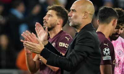 Manchester City manager Pep Guardiola and players applaud fans after the UEFA Champions League match between Slovan Bratislava and Manchester City in Bratislava.