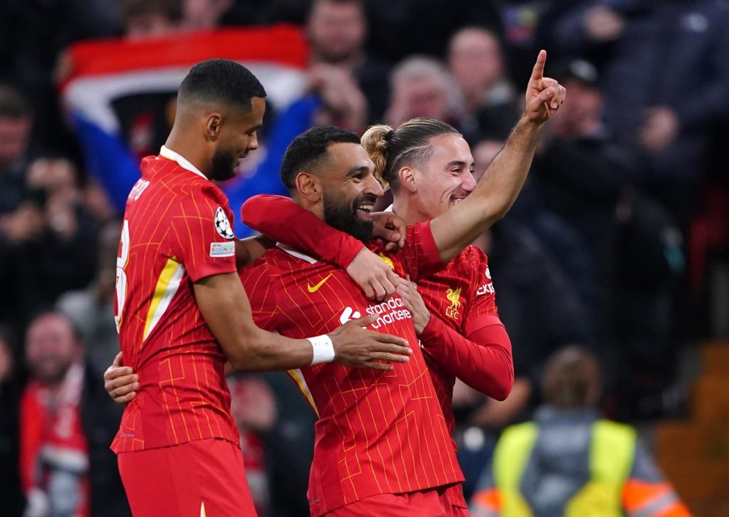 Liverpool's Mohamed Salah celebrates scoring their side's second goal of the game during the UEFA Champions League match at Anfield.