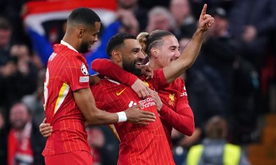 Liverpool's Mohamed Salah celebrates scoring their side's second goal of the game during the UEFA Champions League match at Anfield.