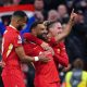 Liverpool's Mohamed Salah celebrates scoring their side's second goal of the game during the UEFA Champions League match at Anfield.