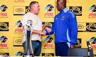 Steven Barker, Coach of Stellenbosch FC and Mandla Ncikazi, assistant coach of Orlando Pirates during the 2024 MTN8 Final joint press conference for Orlando Pirtaes and Stellenbosch FC at Coastlands Skye Hotel in Umhlanga on 3 October 2024.