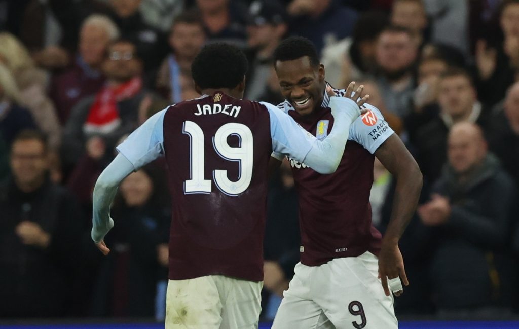 Jhon Duran of Aston Villa (R) celebrates scoring the 1-0 goal with Jaden Philogene-Bidace of Aston Villa (L) during the UEFA Champions League soccer match between Aston Villa and Bayern Munich in Birmingham.