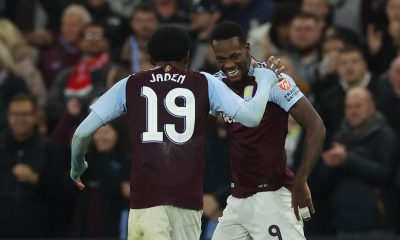 Jhon Duran of Aston Villa (R) celebrates scoring the 1-0 goal with Jaden Philogene-Bidace of Aston Villa (L) during the UEFA Champions League soccer match between Aston Villa and Bayern Munich in Birmingham.