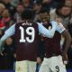 Jhon Duran of Aston Villa (R) celebrates scoring the 1-0 goal with Jaden Philogene-Bidace of Aston Villa (L) during the UEFA Champions League soccer match between Aston Villa and Bayern Munich in Birmingham.